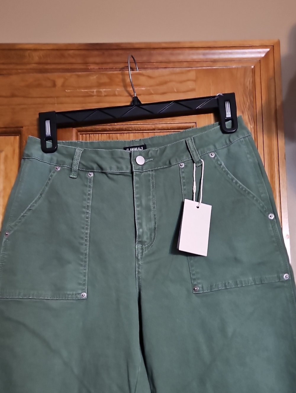 Flamingals High-Rise Wide-Leg Green Utility Cropped Jeans-NWT - Picture 4 of 9